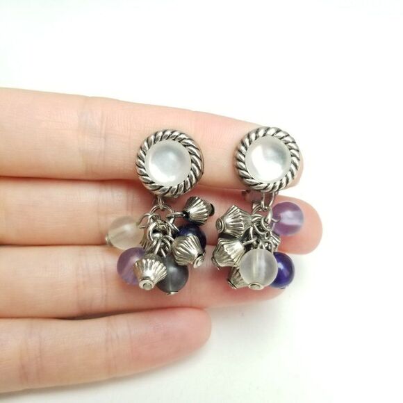 Vintage Silver Tone Clip On Earrings with Beaded Purple Blue Drop, Retro Design - Picture 5 of 6